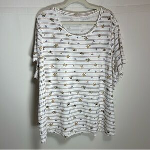 Duluth Trading Co Cream Short Sleeve Tee Blue/Gold Floral Brown Stripe Pattern